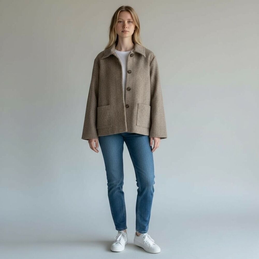 NWT THEKorner Beige Heather Collared Button Front Lined Blazer Jacket Large